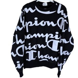 Champion Reverse Weave AOP Spellout Crewneck Sweatshirt Large Men's Black White